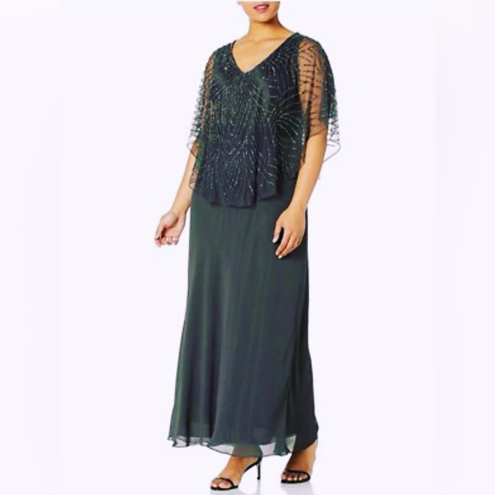 347M NWT J Kara Womens Geometric Sequin Capelet Long Beaded Dress - Size: 24W